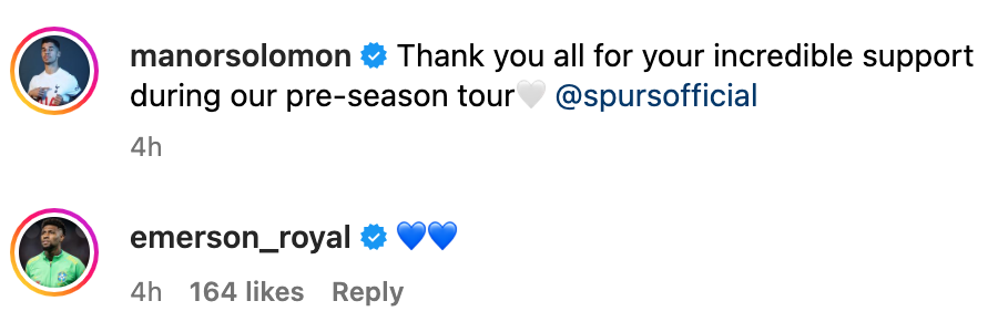 Emerson Royal loved Manor Solomon’s performance for Tottenham Hotspur