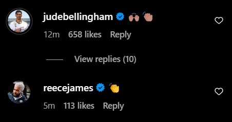 Screengrab of Jude Bellingham and Reece James' replies to Declan Rice's Instagram post