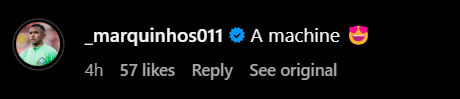 Screengrab of Marquinhos' comment under Gabriel Martinelli's Instagram post