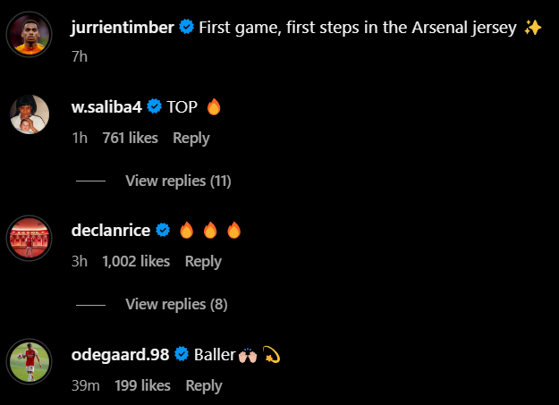 Screengrab of William Saliba, Martin Odegaard and Declan Rice's replies to Jurrien Timber's Instagram post