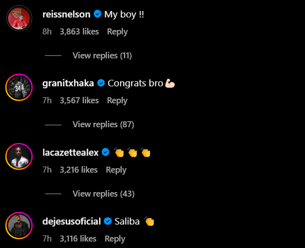 Screengrab of Reiss Nelson, Granit Xhaka, Alexandre Lacazette and Gabriel Jesus' replied to William Saliba's Instagram post