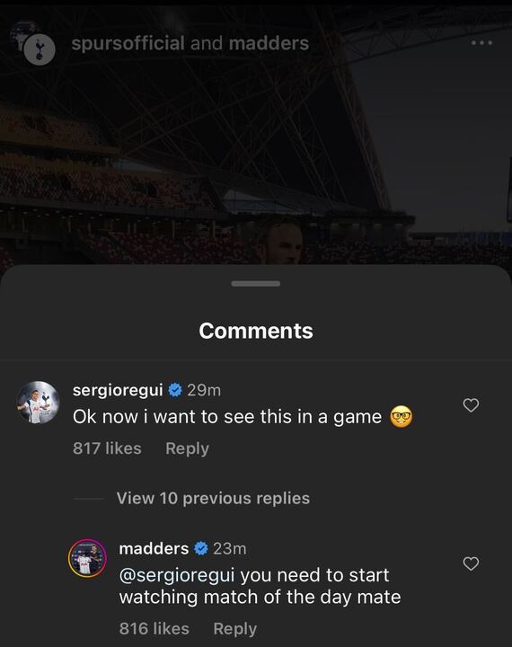 Screengrab of James Maddison response to Tottenham teammate Sergio Reguilon