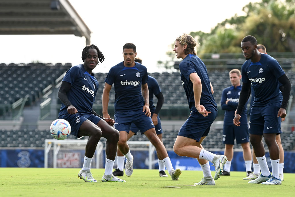 Trevoh Chalobah, Levi Colwill, Conor Gallagher and Callum Hudson-Odoi of Chelsea during a training session at Osceola Heritage Park Orlando FC Trai...