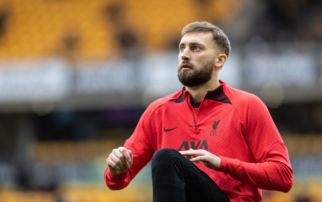 Liverpools Nathaniel Phillips warming up before the match during the Premier League match between Wolverhampton Wanderers and Liverpool FC at Molin...