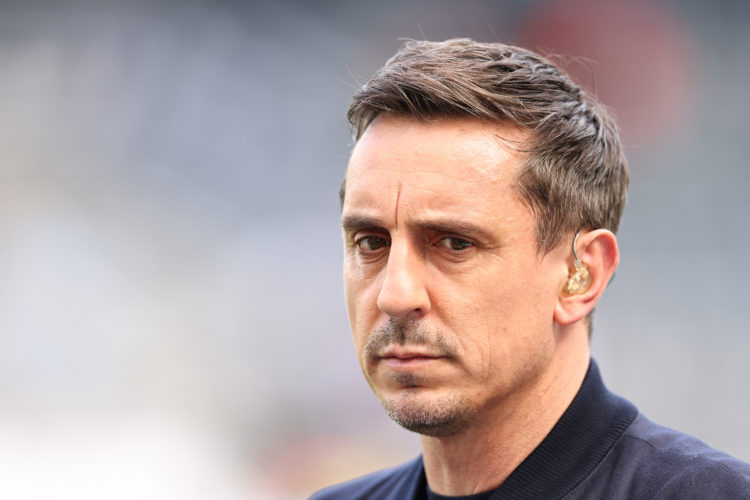 NEWCASTLE, ENGLAND - MAY 7: Gary Neville working as a TV pundit for Sky Sports ahead of the Premier League match between Newcastle United and Arsen...
