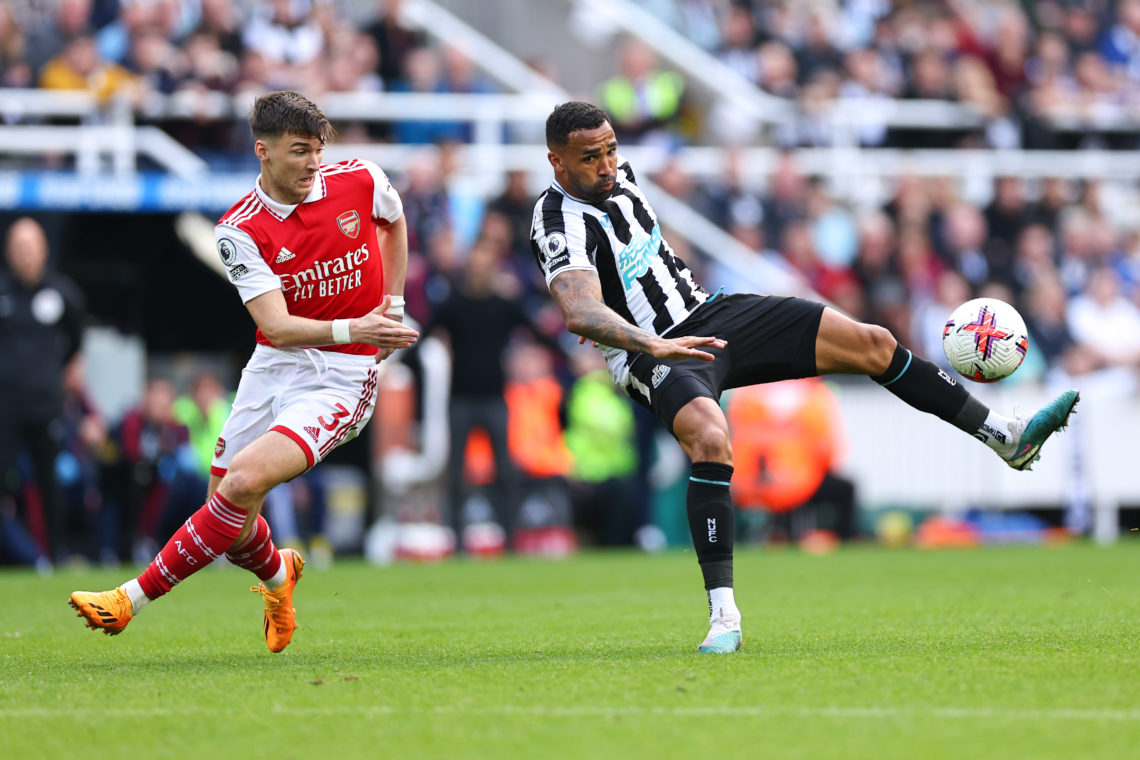 NEWCASTLE, ENGLAND - MAY 7: Kieran Tierney of Arsenal and Callum Wilson of Newcastle United during the Premier League match between Newcastle Unite...