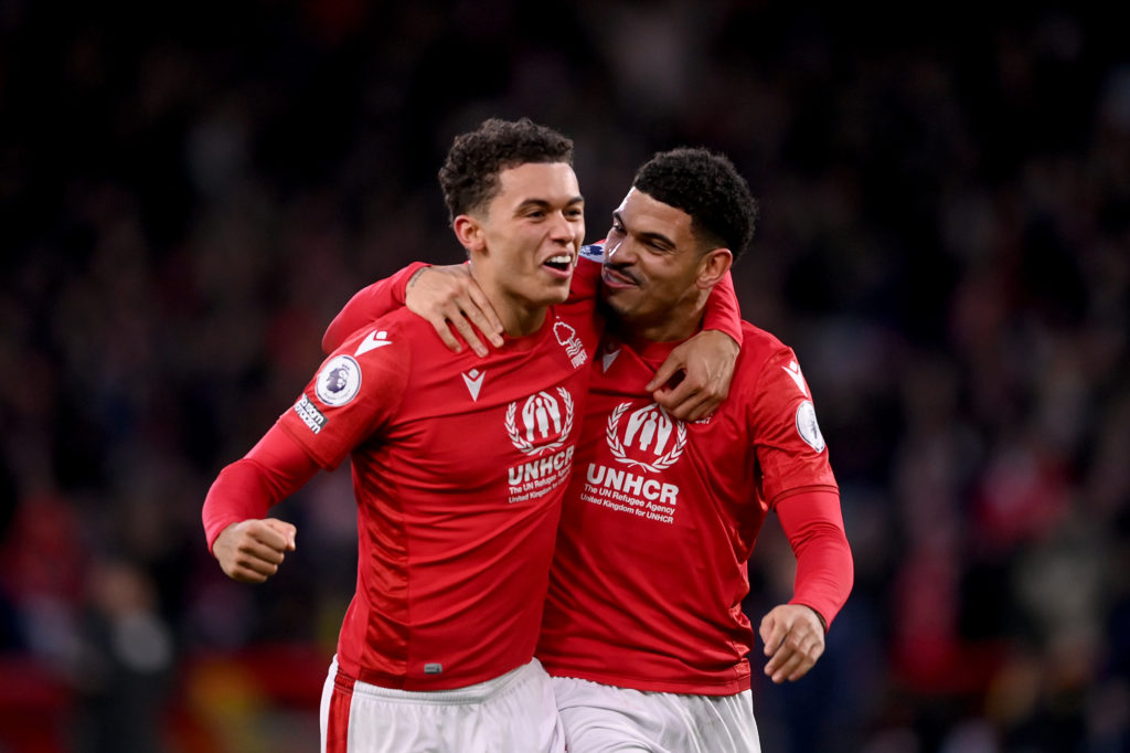 Brennan Johnson and Morgan Gibbs-White during Nottingham Forest vs Leicester City in the Premier League