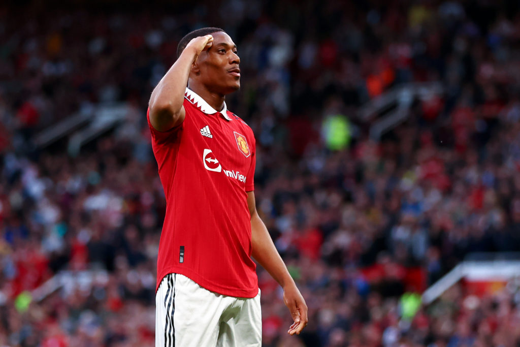 Anthony Martial of Manchester United celebrates after scoring the team's second goal during the Premier League match between Manchester United and ...