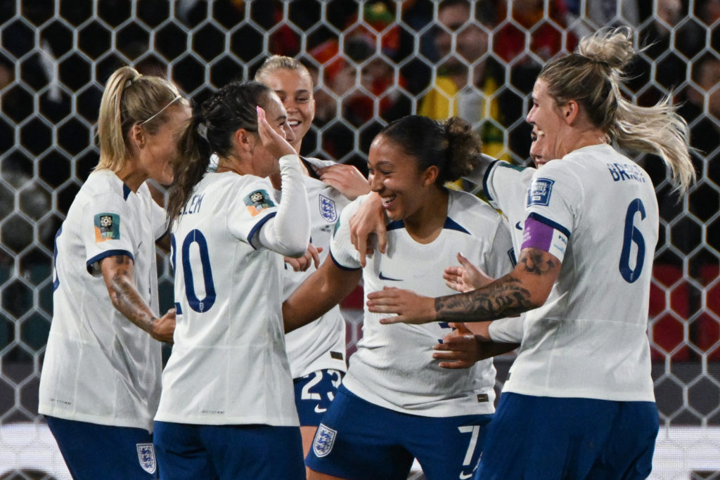 England Women's Team celebrate Lauren James scoring at 2023 Women's World Cup