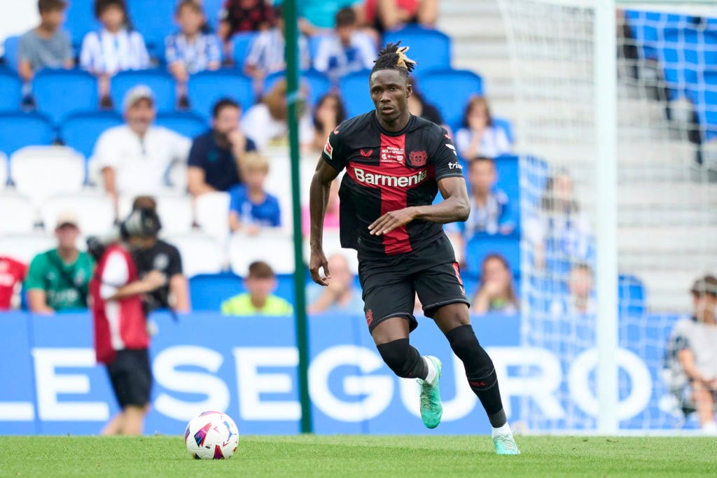 Odilon Kossounou of Bayer 04 Leverkusen in action during the pre-season friendly match between Real Sociedad and Bayer 04 Leverkusen at Estadio Ano...