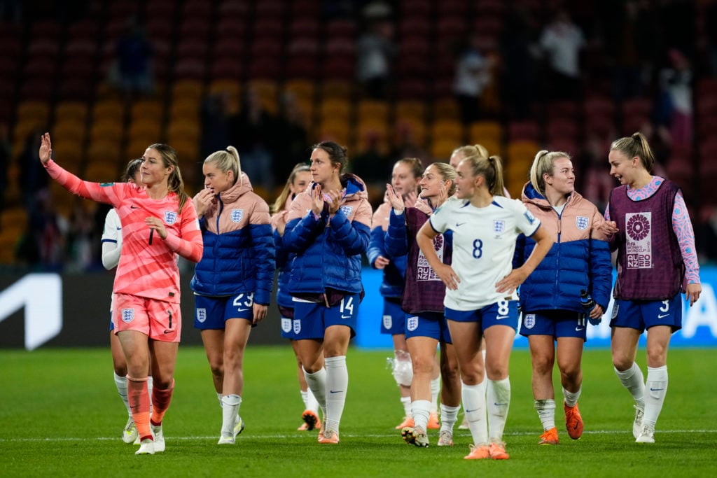 England Women's Team celebrate reaching 2023 World Cup quarter-finals