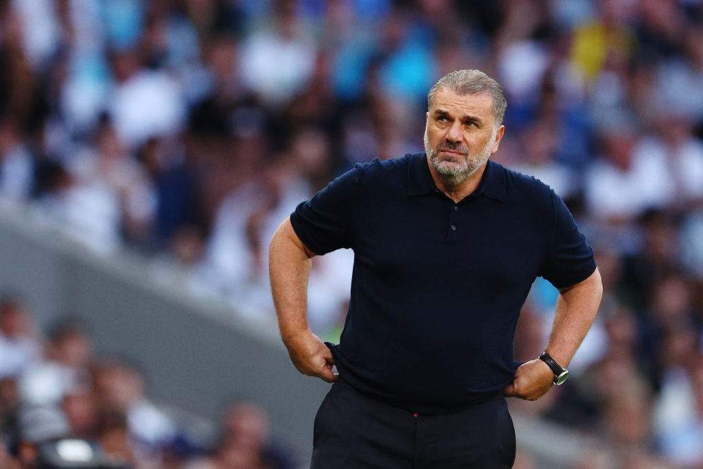 Tottenham Hotspur manager Ange Postecoglou reacts against Manchester United in Premier League ahead of transfer deadline day