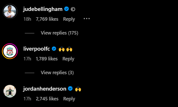 Screengrab of Jordan Henderson and Jude Bellingham's replies to Trent Alexander Arnold's Instagram post