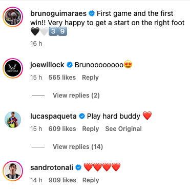 Sandro Tonali impressed with Newcastle United midfielder Bruno Guimaraes against Aston Villa. Cr. (brunoguimaraes) © 2023 INSTAGRAM FROM META.
