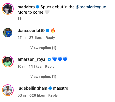 Jude Bellingham congratulates James Maddison on Tottenham Hotspur debut