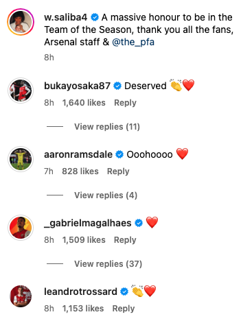 Arsenal star Bukayo Saka congratulates William Saliba on being named in the PFA Team of the Season