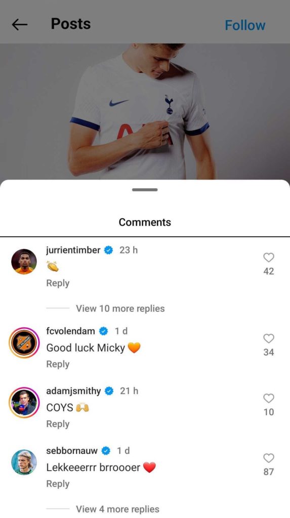 Arsenal defender Jurrien Timber comments on Tottenham defender Micky van de Ven post on Instagram