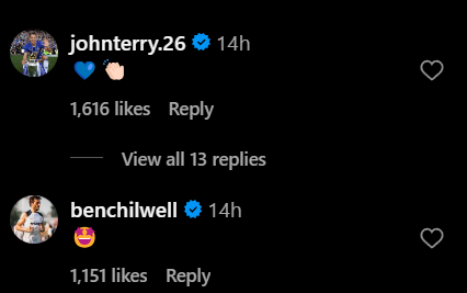 Screengrab of John Terry and Ben Chilwell's replies to Levi Colwill's Instagram post