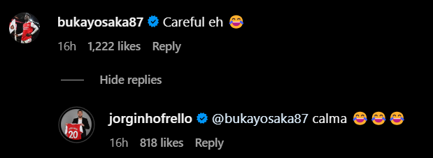 Screengrab of Bukayo Saka and Jorginho's comments on Instagram