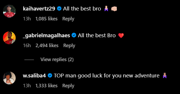 Screengrab of replies under Matt Turner's Instagram post