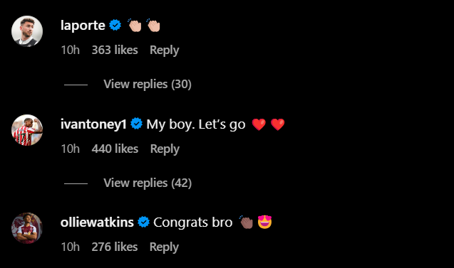 Screengrab of replies under David Raya's Instagram post