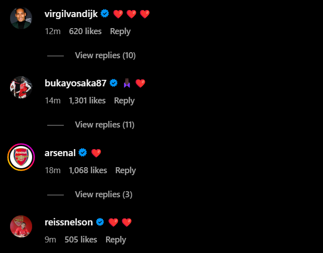 Screengrab of replies under Jurrien Timber's Instagram post