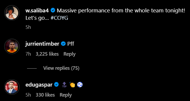 Screengrab of replies under William Saliba's Instagram post