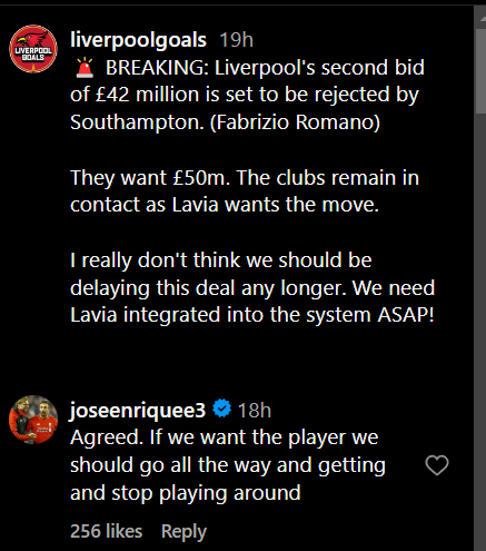 Screengrab of Jose Enrique's comment about Romeo Lavia under a Liverpool fan page's Instagram post