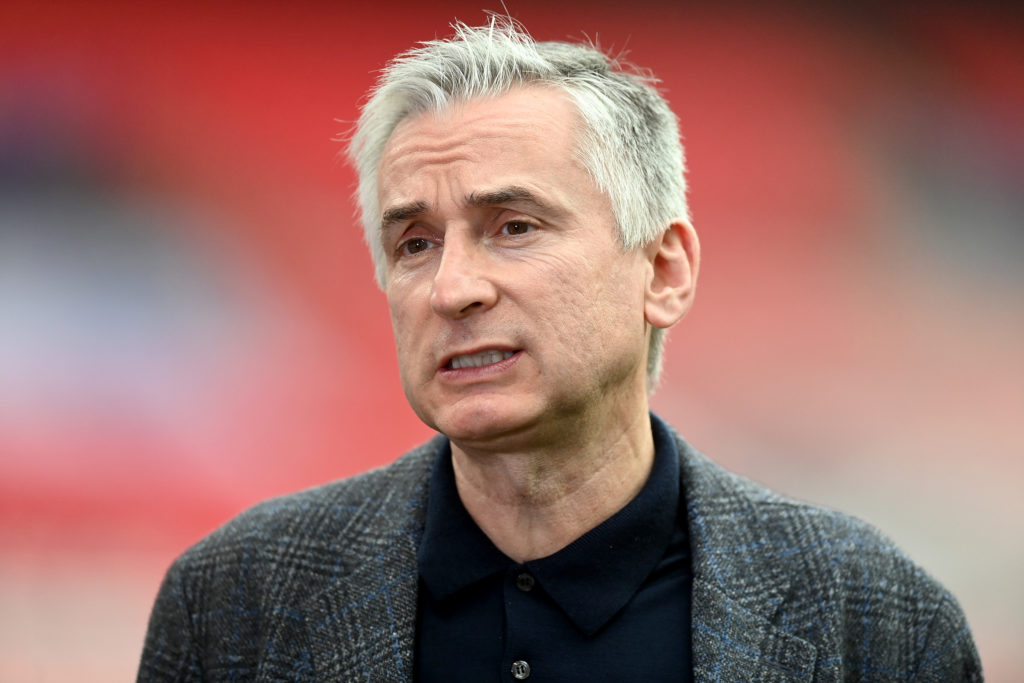 Alan Smith, ITV Presenter looks on prior to the FIFA World Cup 2022 Qatar qualifying match between England and Poland on March 31, 2021 at Wembley ...