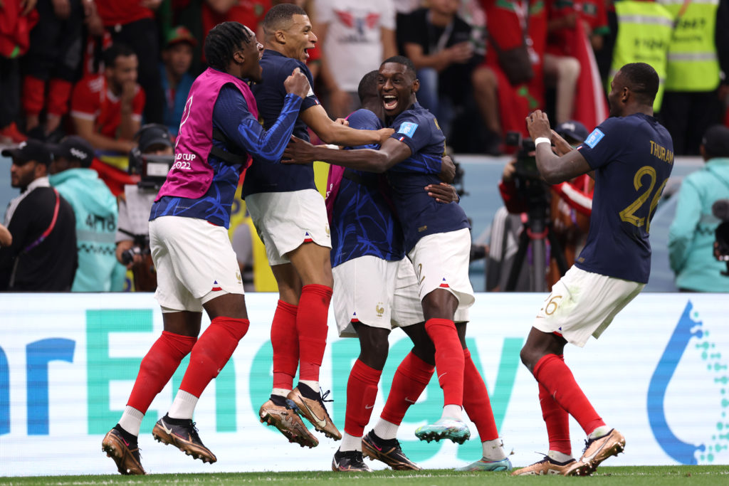 Randal Kolo Muani of France celebrates with teammates after scoring the team's second goal during the FIFA World Cup Qatar 2022 semi final match between France and Morocco at Al Bayt Stadium on December 14, 2022