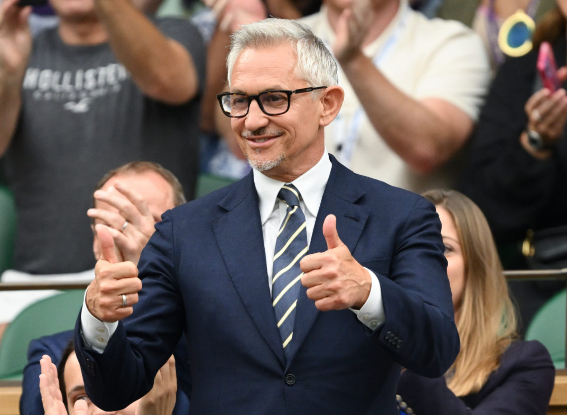 Gary Lineker attends day six of the Wimbledon Tennis Championships at All England Lawn Tennis and Croquet Club on July 08, 2023 in London, England.