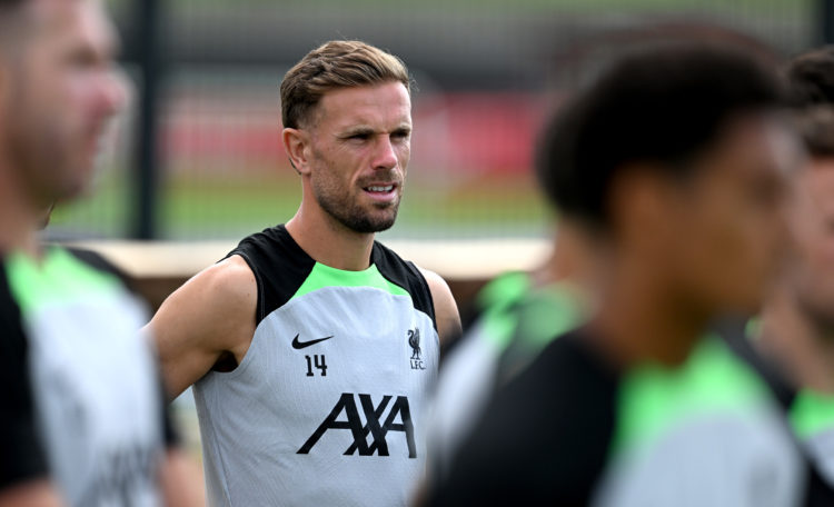 Jordan Henderson reacts after seeing what Diogo Jota did during Liverpool v Forest today