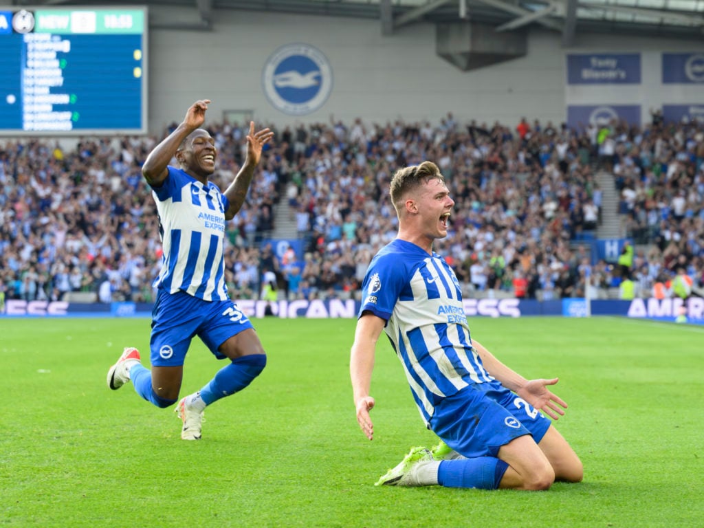 Brighton & Hove Albion's Evan Ferguson (right) celebrates scoring his side's second goal with team-mate  Pervis Estupinan (left)  during the Pr...