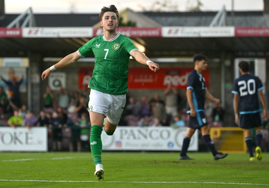 Cork , Ireland - 12 September 2023; Rocco Vata of Republic of Ireland celebrates after scoring his side's first goal during the UEFA European Under...