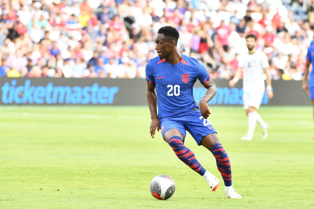 Folarin Balogun #20 of the United States looks for a pass during a friendly match against Uzbekistan at Citypark on September 9, 2023 in St Louis, ...