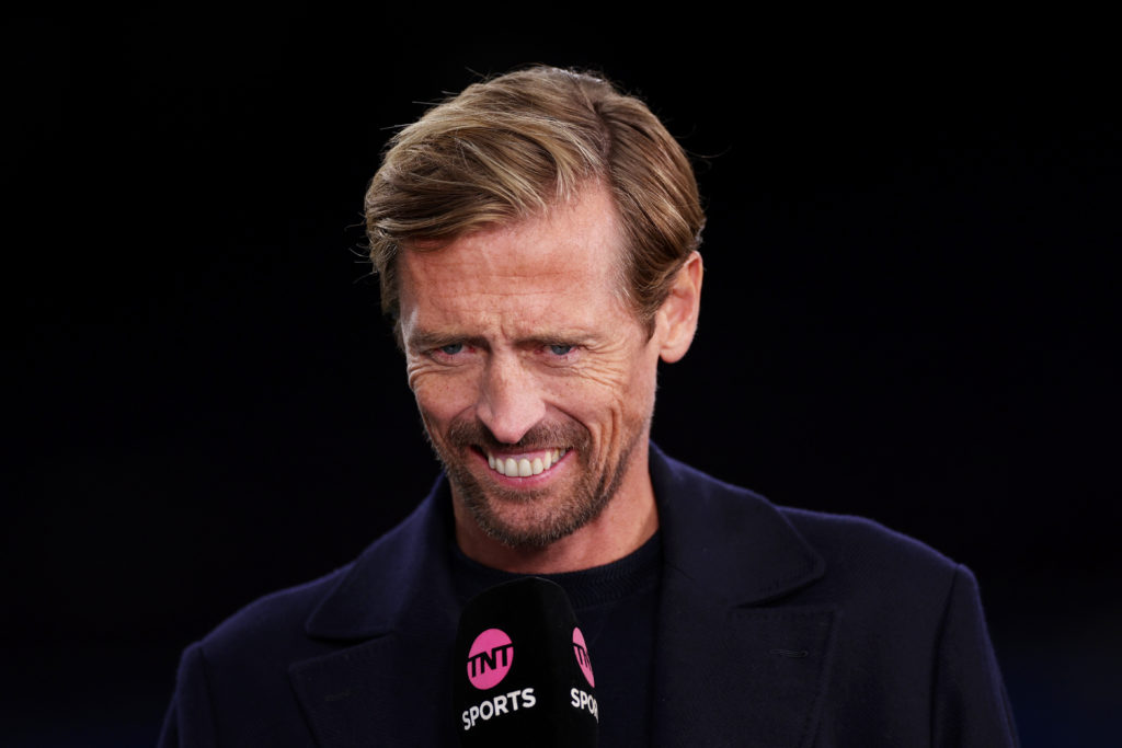 TNT Sports presenter Peter Crouch looks on prior to the Premier League match between Burnley FC and Manchester United at Turf Moor on September 23, 2023