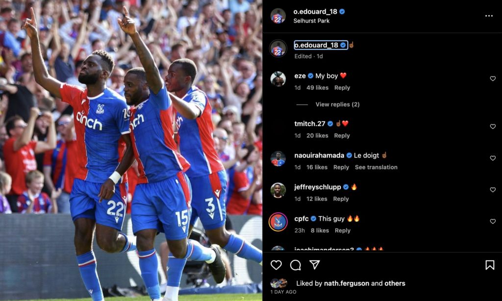 Eberechi Eze comments on Odsonne Edouard's Instagram post
© 2023 INSTAGRAM FROM META.