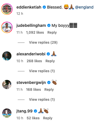 Jude Bellingham reacts to Arsenal forward Eddie Nketiah receiving an England call-up