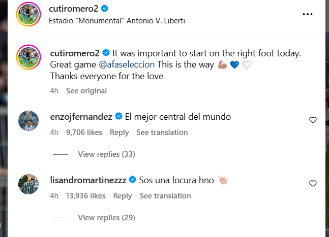 Enzo Fernndez reply to Cristian Romero (CR @Cutiromero2, Instagram, META, 2023)