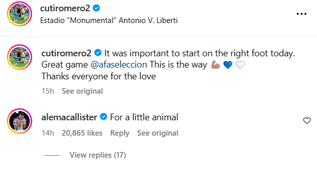Mac Allister to Romero CR. @CutiRomero2, Instagram, META, 2023.