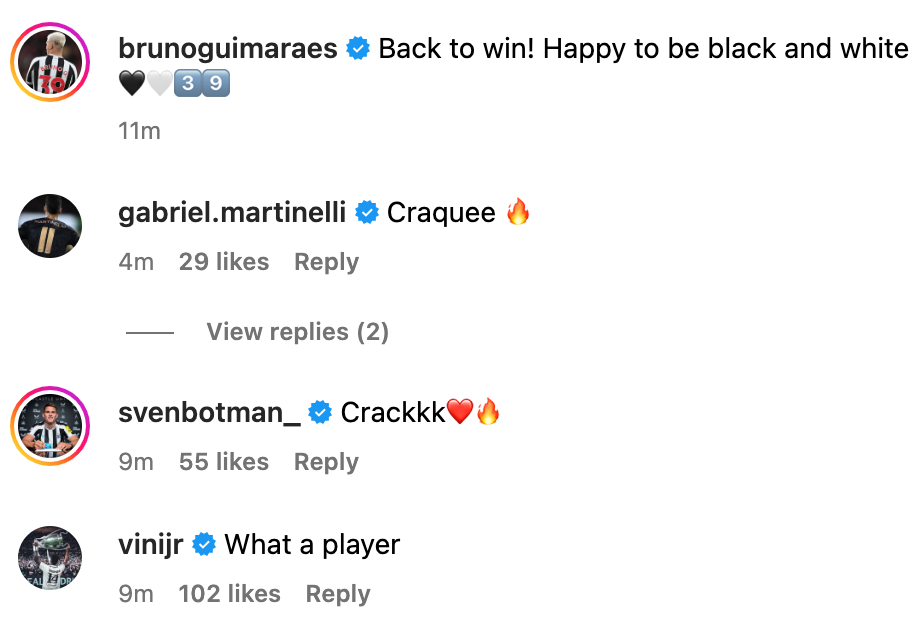 Vinicius Jr. praises Newcastle United star Bruno Guimaraes
