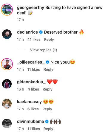 Declan Rice congratulates George Earthy on new West Ham United contract