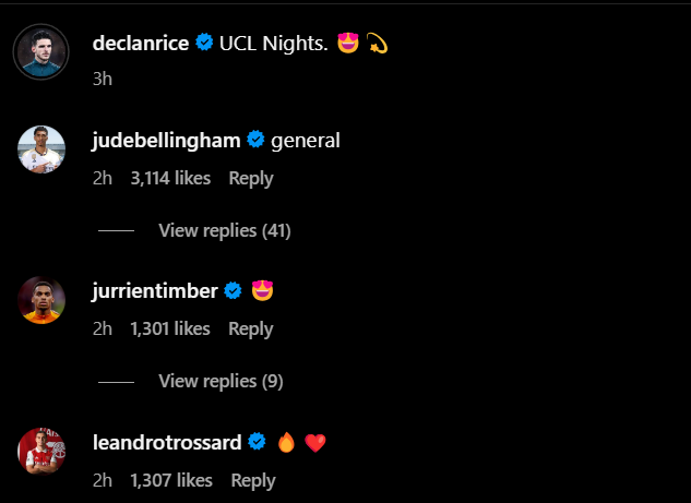 Screengrab of replies under Declan Rice's Instagram post