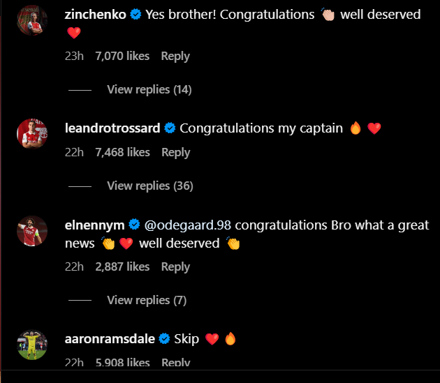 Screengrab of replies under Martin Odegaard's Instagream post