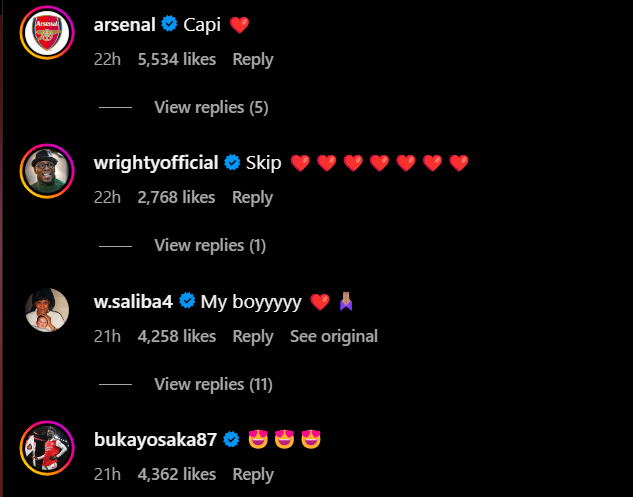 Screengrab of replies under Martin Odegaard's Instagream post