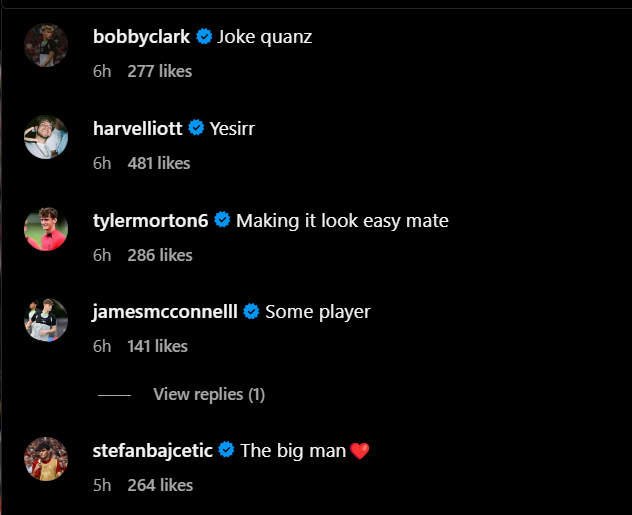 Screengrab of replies under Jarrell Quansah's Instagram post