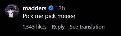 Screengrab of James Maddison's reply under Pedro Porro's Instagram post