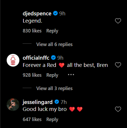Screengrab of replies under Brennan Johnson's Instagram post