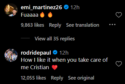 Screengrab of replies under Cristian Romero's Instagram post