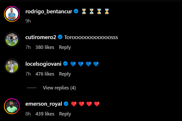 Screengrab of replies under Rodrigo Bentancur's Instagram post